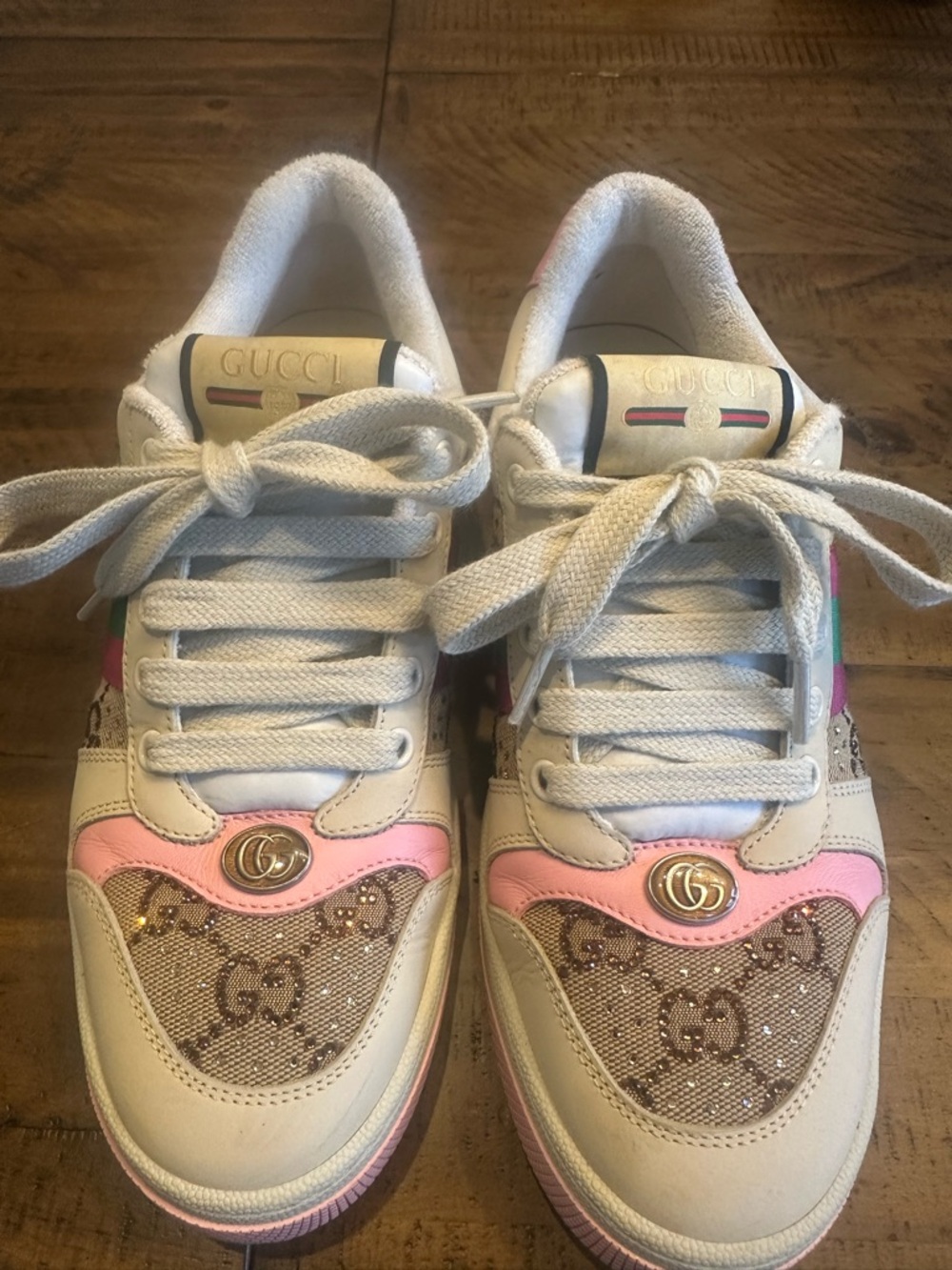Gucci White Leather & Pink Accent GG Screener Logo Sneakers with Rhinestones